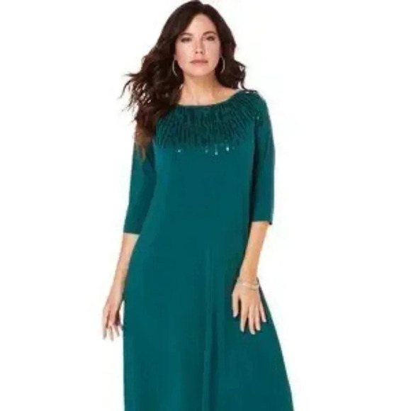 Roman's Hunter Green 2X Knee Length Swing Dress with Sequins around Neckline - Picture 1 of 7